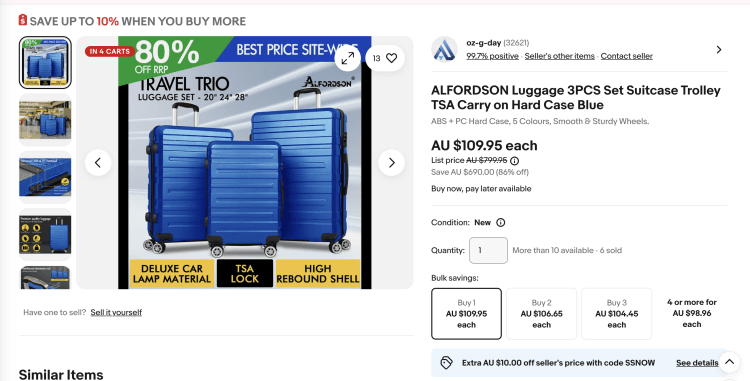eBay: ALFORDSON Luggage 3PCS Set Suitcase Trolley TSA Carry on Hard Case Blue – 80% Off, only $109.95